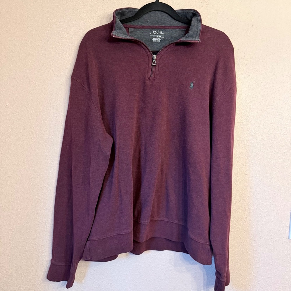 Polo Ralph Lauren Mens Large Burgundy Heather Quarter Zip Pullover Sweatshirt